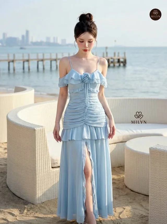 MILYNN เดรสยาวสีฟ้าอ่อนมีระบาย Size S M L XL thumbnail 2