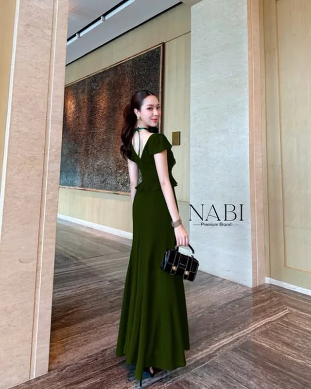 NABI เดรสยาวสีเขียวมะกอก Size S M L XL ชุดเวียดนาม thumbnail 4