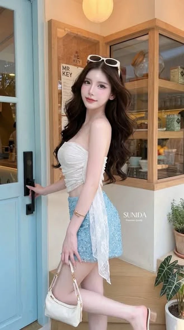 ชุดเซ็ต SUNIDA BRAND เสื้อเกาะอกสีขาวและกระโปรงสั้นสีฟ้าวิ้ง thumbnail 5