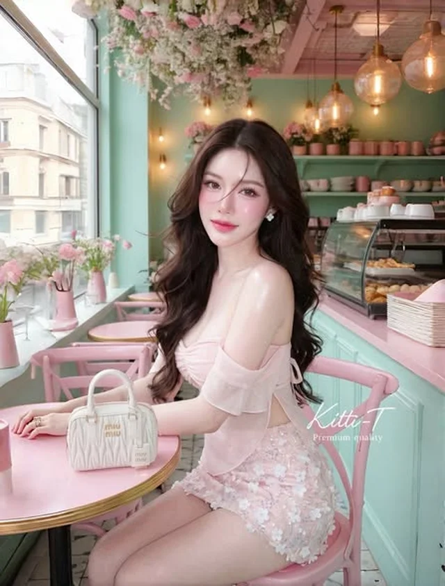 ชุดเซ็ต Kitti T เสื้อระบายไหล่สีชมพูคู่กระโปรงปัก 3D thumbnail 5