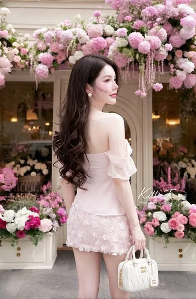 ชุดเซ็ต Kitti T เสื้อระบายไหล่สีชมพูคู่กระโปรงปัก 3D thumbnail 2