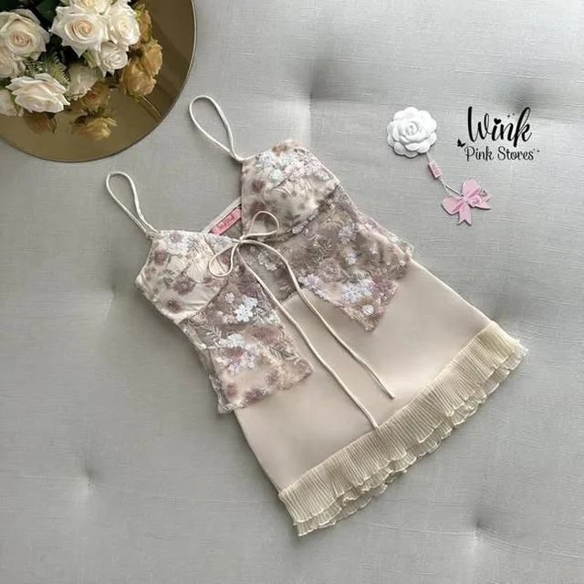 Wink Pink Stores ชุดเซ็ตเสื้อสายเดี่ยวปักลายและกระโปรงสั้น Size L thumbnail 5
