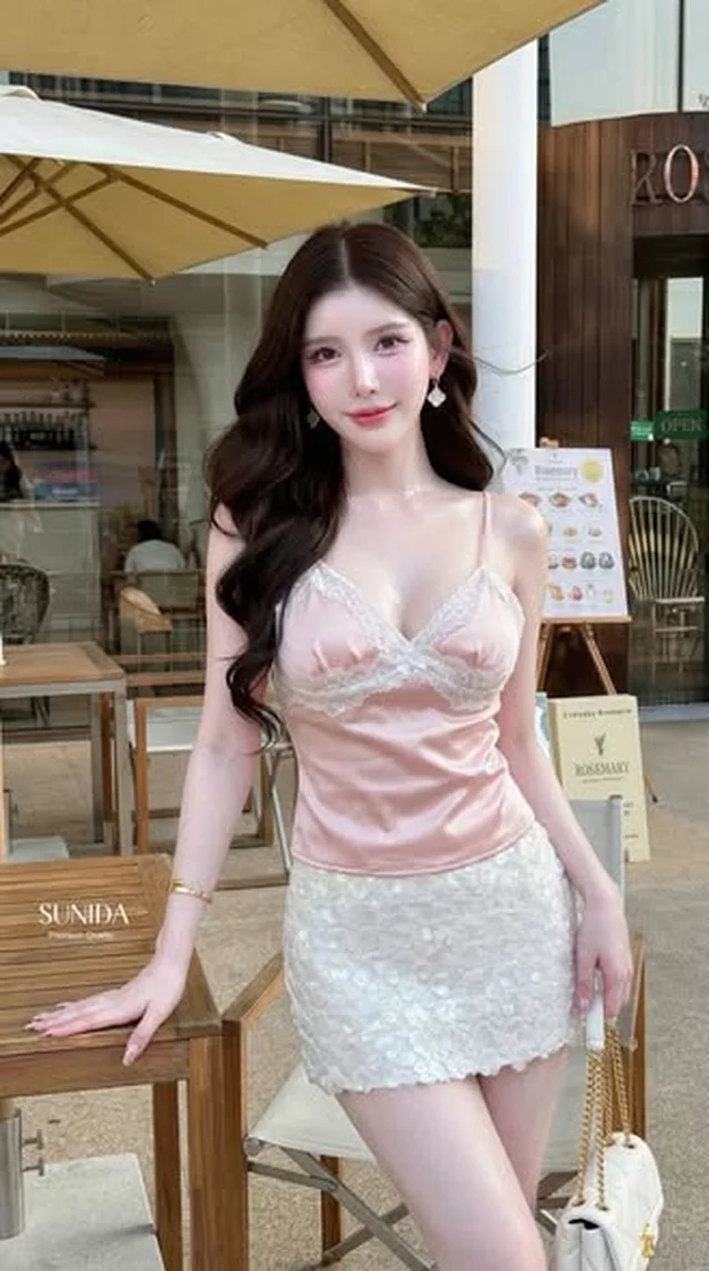 ชุดเซ็ตสายเดี่ยวลูกไม้ชมพู ขาว SUNIDA Size L (alternate)