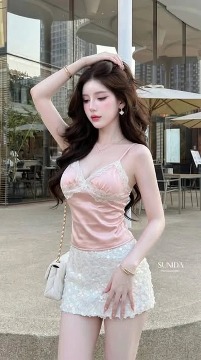 ชุดเซ็ตสายเดี่ยวลูกไม้ชมพู ขาว SUNIDA Size L thumbnail 3