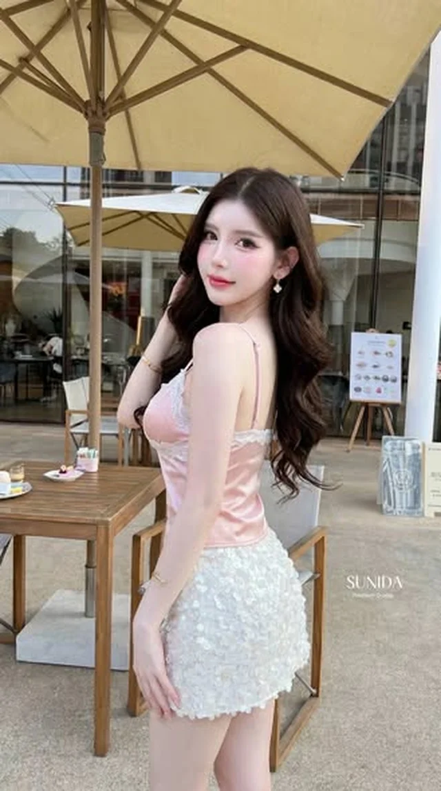 ชุดเซ็ตสายเดี่ยวลูกไม้ชมพู ขาว SUNIDA Size L thumbnail 5