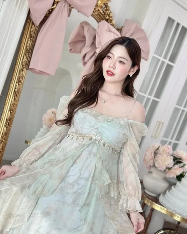 เดรสยาวลายดอกไม้สีฟ้าเขียวเปิดไหล่ 3XL thumbnail 5