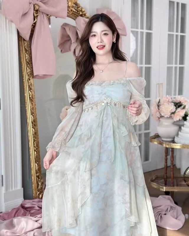 เดรสยาวลายดอกไม้สีฟ้าเขียวเปิดไหล่ 3XL (alternate)