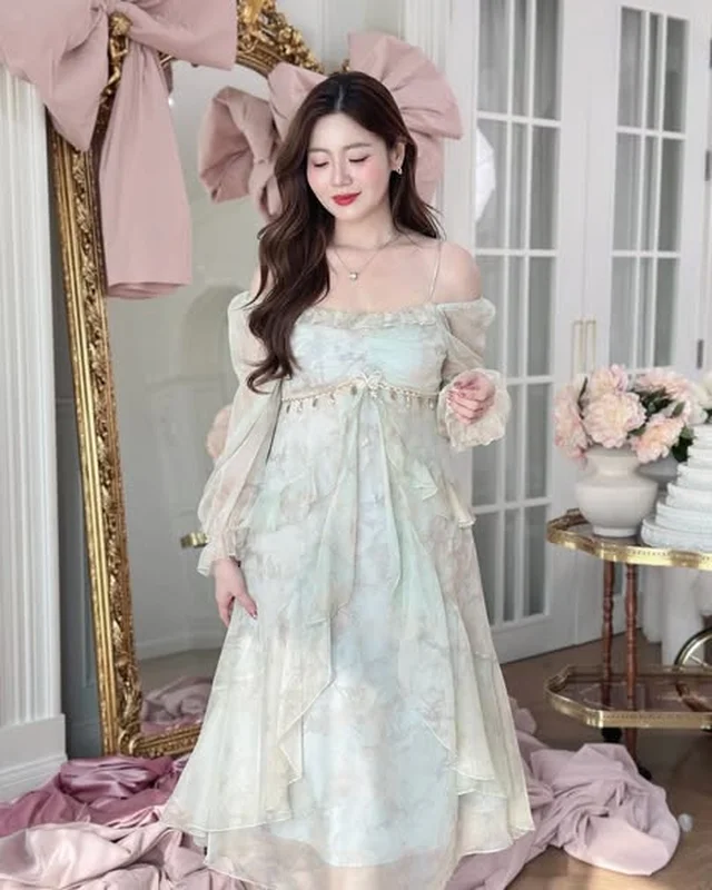 เดรสยาวลายดอกไม้สีฟ้าเขียวเปิดไหล่ 3XL thumbnail 4