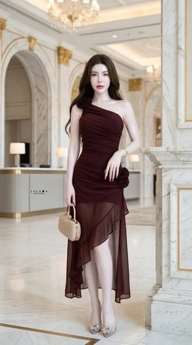 เดรสออกงานไหล่เดี่ยวสีแดงเข้ม (alternate)