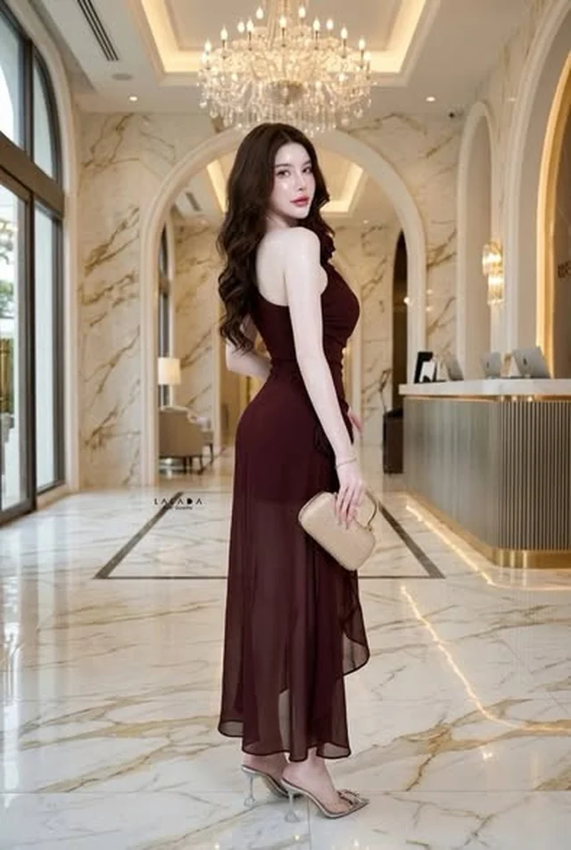 เดรสออกงานไหล่เดี่ยวสีแดงเข้ม thumbnail 3