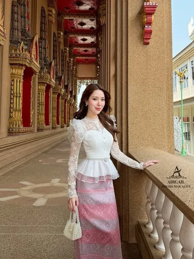 ชุดไทยประยุกต์ Abigail โทนชมพู ขาว Size S M L thumbnail 4