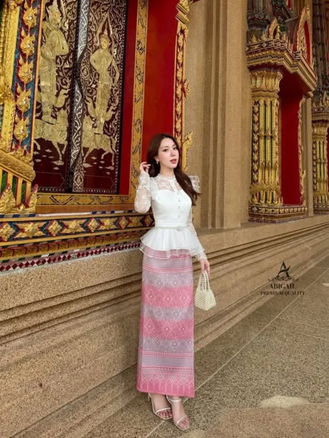 ชุดไทยประยุกต์ Abigail โทนชมพู ขาว Size S M L thumbnail 3