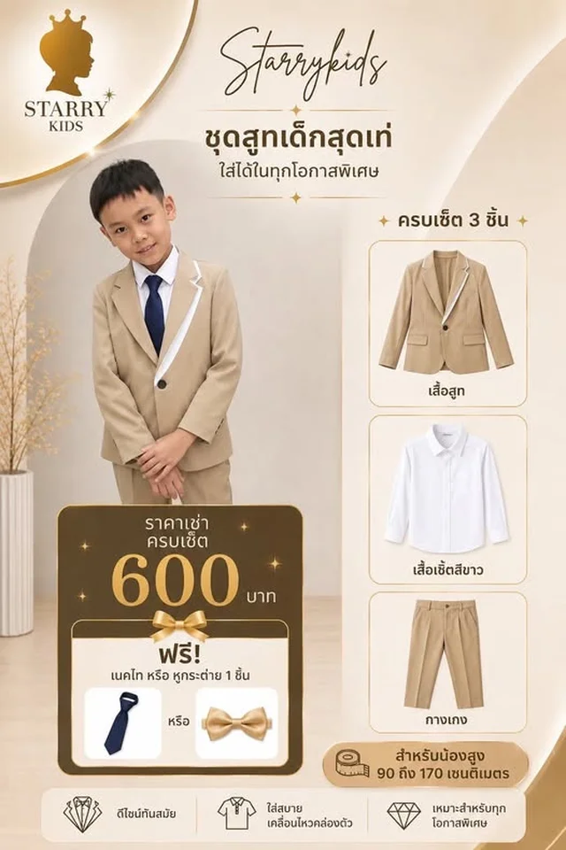 ชุดสูทเด็ก Starrykids สีเบจ 3 ชิ้น พร้อมเนคไท 1