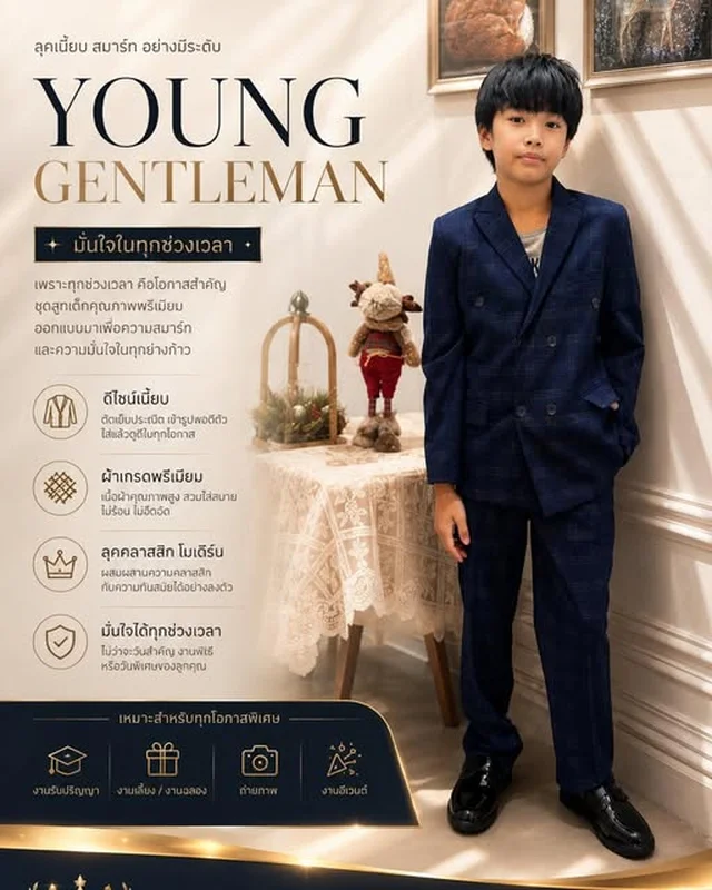 ชุดสูทเด็ก Young Gentleman สีกรมลายตาราง 1