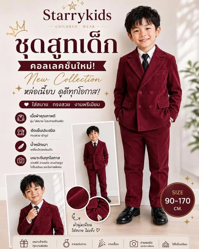 ชุดสูทเด็กกำมะหยี่สีแดงเข้ม Starrykids 1