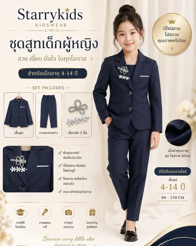 ชุดสูทเด็กผู้หญิง สีน้ำเงินเข้มและสีเทา สตาร์รี่คิดส์
