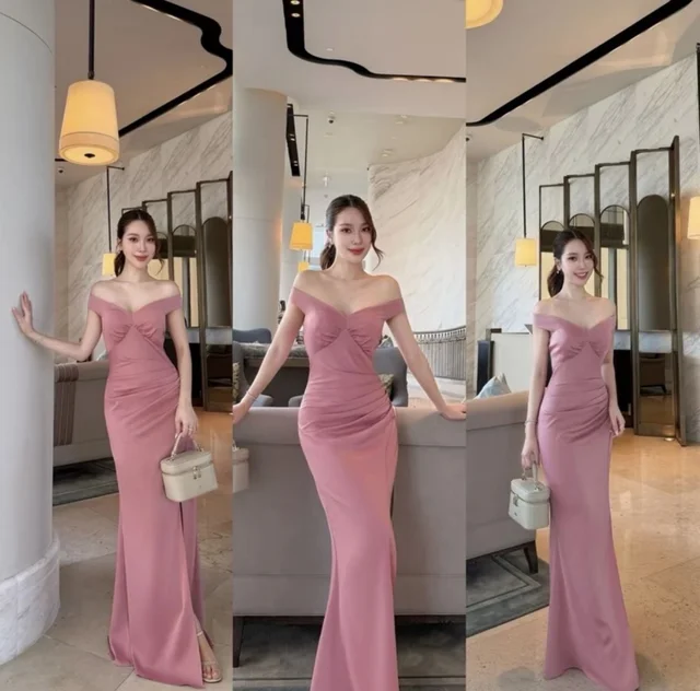 เดรสเปิดไหล่สีชมพู 1