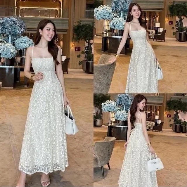 เดรสสายเดี่ยวลูกไม้สีครีม