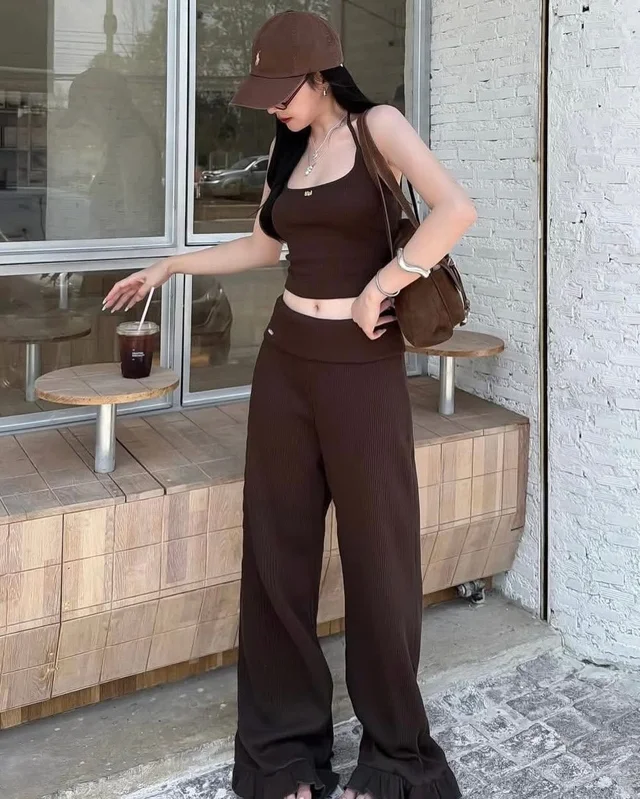 Unigam Brown Ribbed Crop Top Pants Set Size SM thumbnail 2