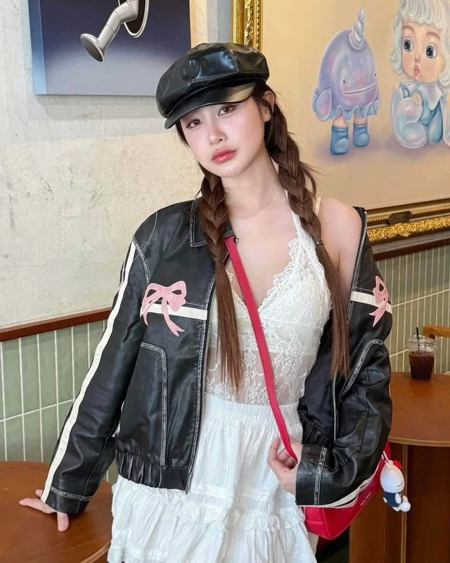 Shein Black Leather Look Jacket White Pink Stripes Size M thumbnail 3