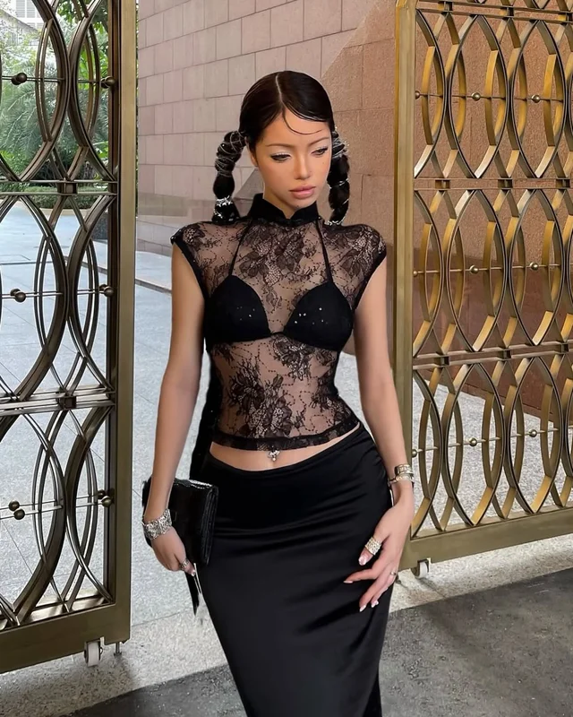 FOXI Black Lace Cheongsam Top Mermaid Skirt SM Size thumbnail 3