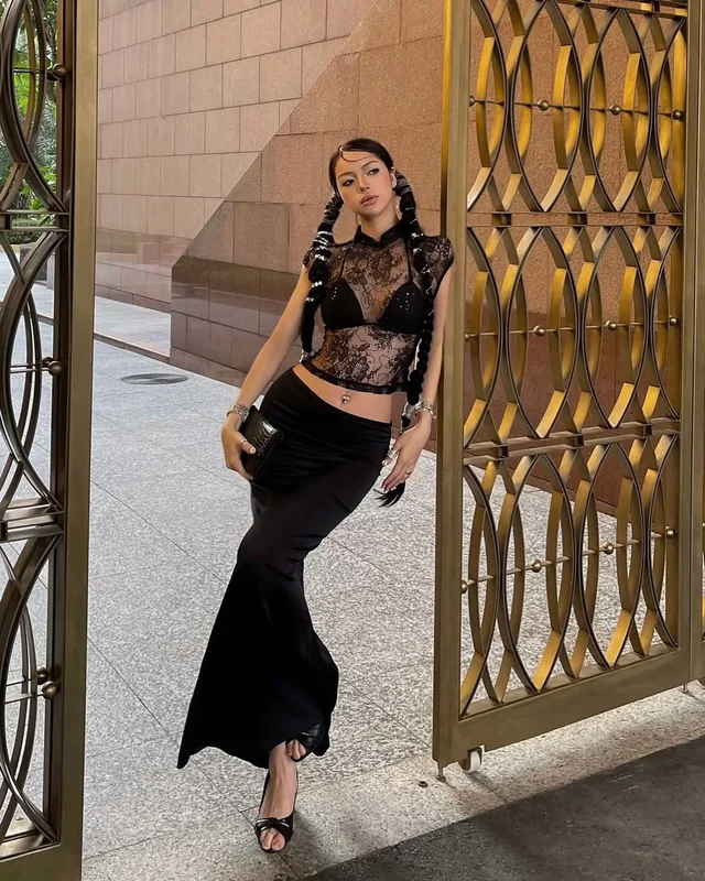 FOXI Black Lace Cheongsam Top Mermaid Skirt SM Size thumbnail 6
