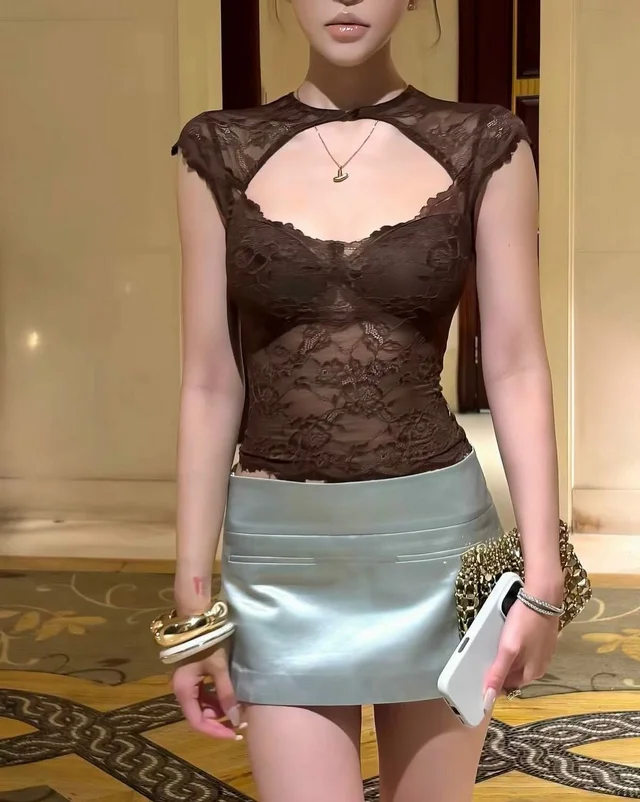 HYDRAE Brown Lace Cutout Top Skirt Set S Size thumbnail 2