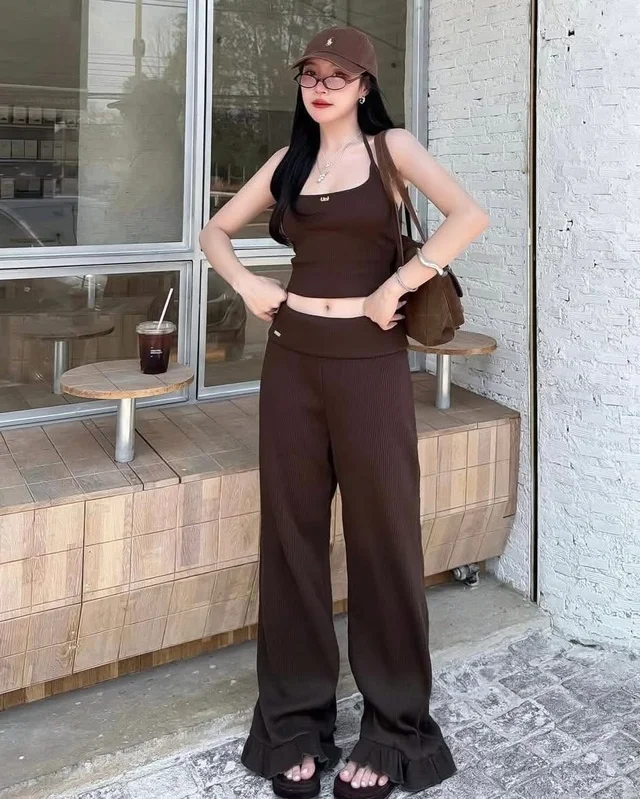 Unigam Brown Ribbed Crop Top Pants Set Size SM thumbnail 3