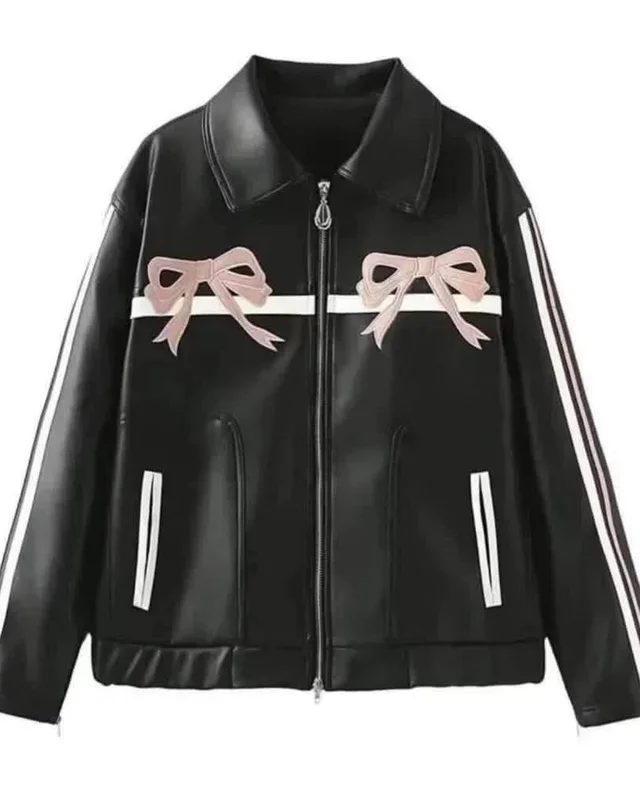 Shein Black Leather Look Jacket White Pink Stripes Size M thumbnail 4