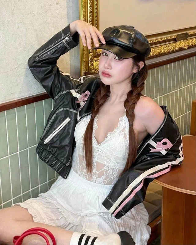 Shein Black Leather Look Jacket White Pink Stripes Size M (alternate)