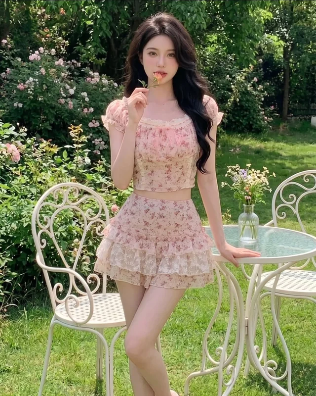 Two Piece Set เสื้อครอป กระโปรงสั้น ลายดอกไม้ ชมพู Size S thumbnail 4