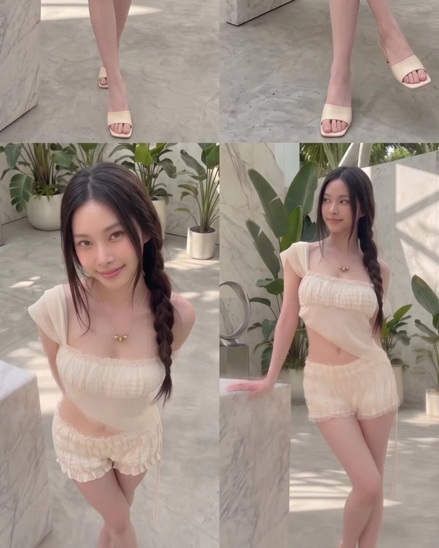 Three Piece Set เสื้อ กางเกง ผ้าคลุม สีครีม thumbnail 2