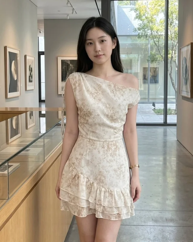 เดรสสั้นลายดอกไม้ One Shoulder Dress สีครีม Fallinrose Size L (alternate)