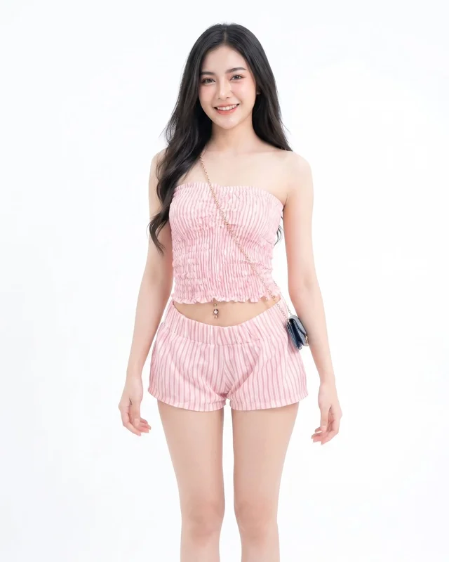 ชุดเซ็ตเกาะอก กางเกงขาสั้นลายทางสีชมพู Size S (alternate)