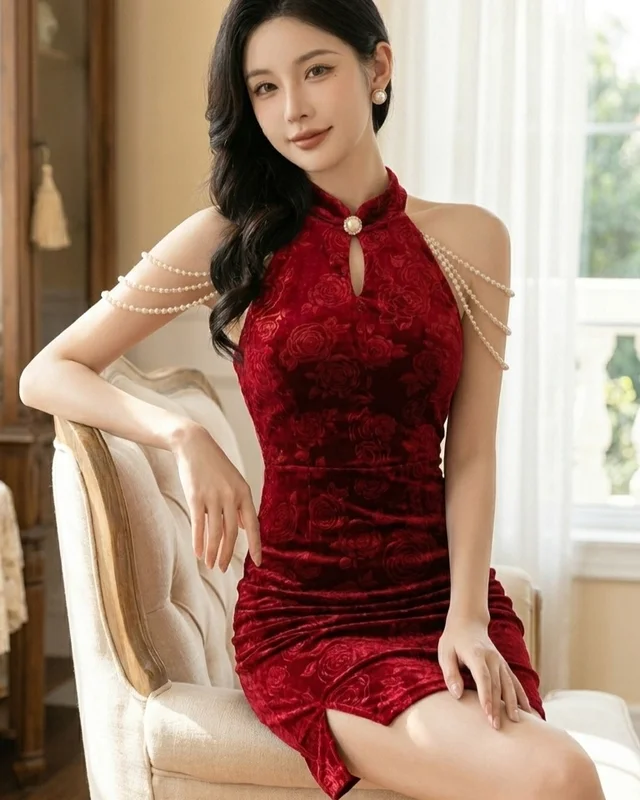 เดรสกำมะหยี่แดงลายกุหลาบ Red Velvet Dress Size S thumbnail 3
