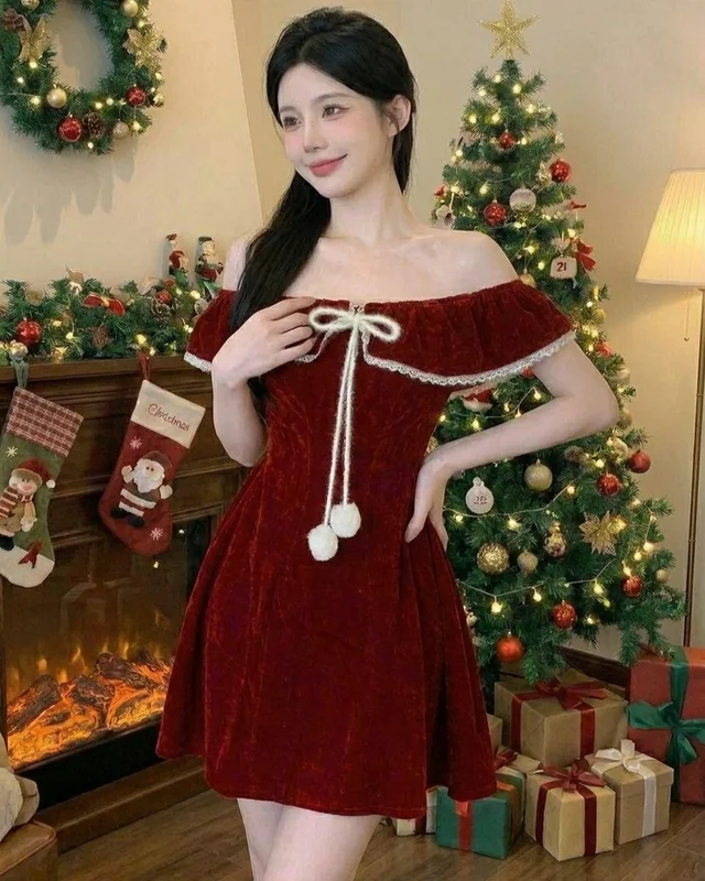 Red Velvet Off Shoulder Short Dress สีแดง thumbnail 2