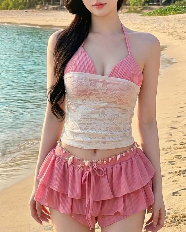 ชุดว่ายน้ำ Two Piece Halter Top สีชมพูขาว thumbnail 3
