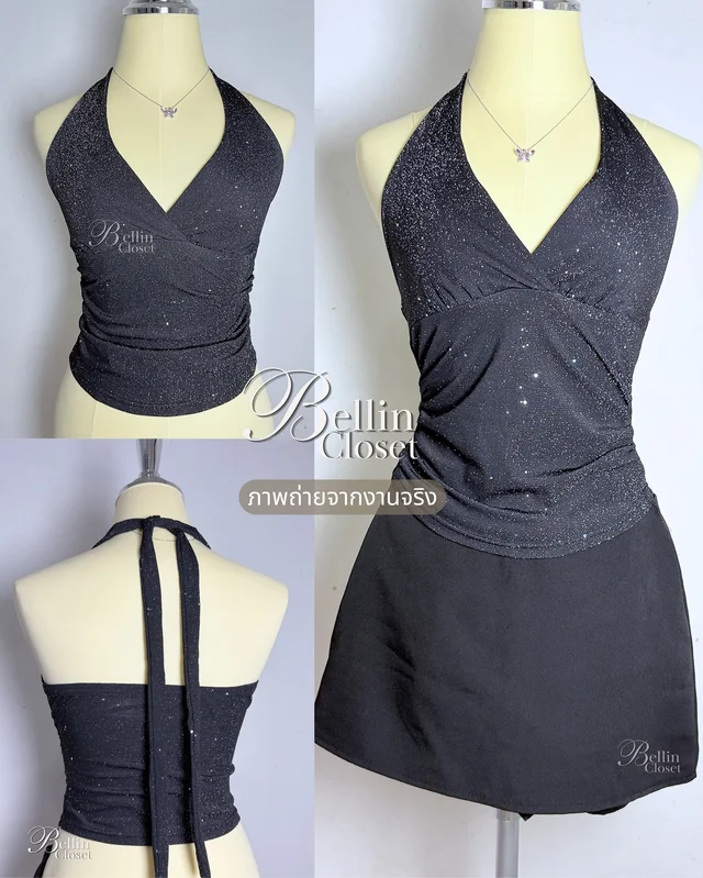 Black Glitter Halter Neck Top Size S thumbnail 2