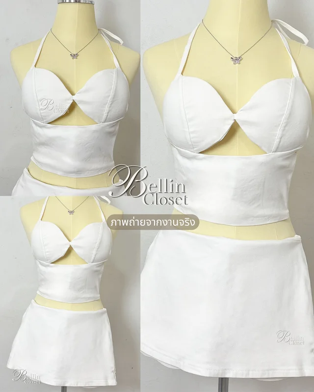 Cream Two Piece Set Crop Top Mini Skirt Size S thumbnail 3