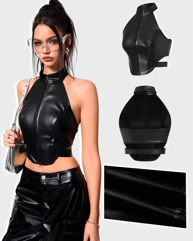 เสื้อครอปคอเต่าหนัง Halter Leather Crop Top (alternate)