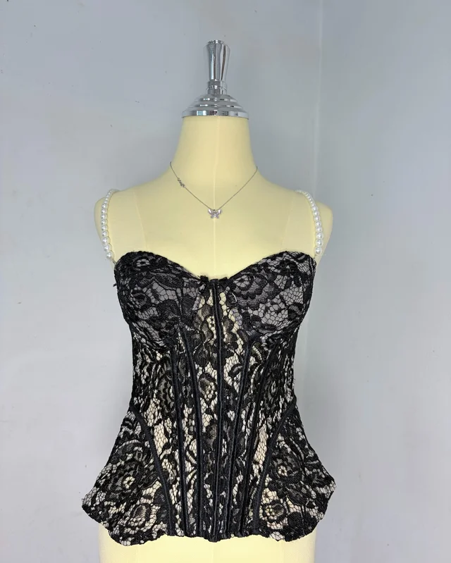 เสื้อคอร์เซ็ตลูกไม้สีดำ Black Lace Corset Top Size S thumbnail 3