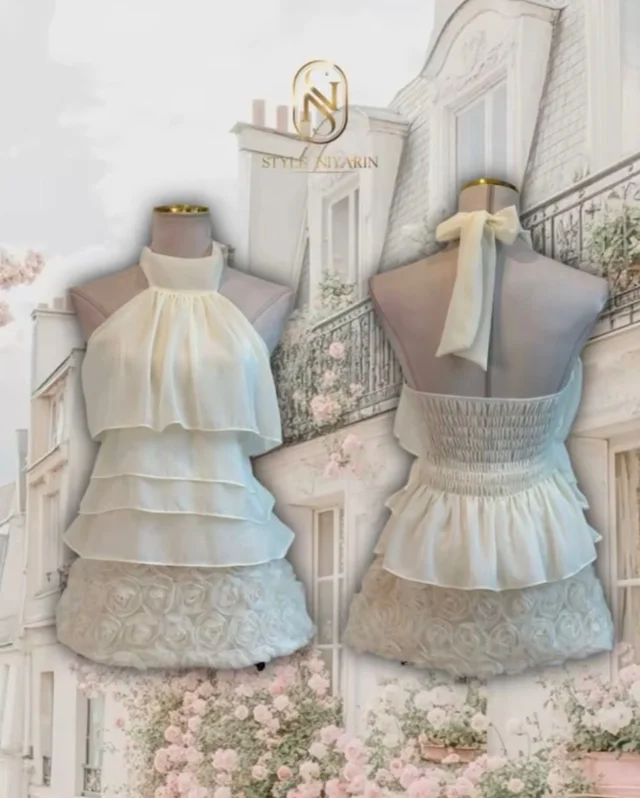 Bellin Closet ชุดเซ็ตเสื้อคล้องคอ กระโปรงสั้นสีครีม A2 thumbnail 3