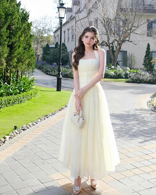 Cream Halter Midi Dress Long Elegant Style A32 thumbnail 2