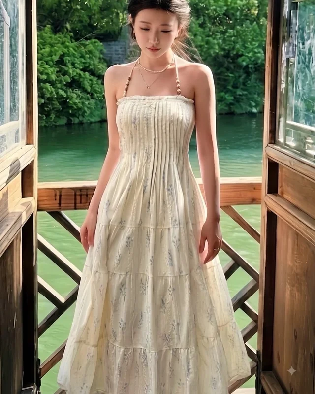 เดรสยาวลายดอกไม้ Halter Neck Floral Dress Free Size (alternate)