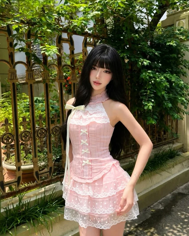 Pink Mini Dress เดรสสั้นลูกไม้สีชมพูพาสเทล Size S thumbnail 3