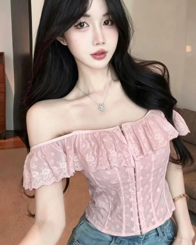 เสื้อครอปเปิดไหล่สไตล์คอร์เซ็ต สีชมพู ขาว ดำ Size S M thumbnail 3