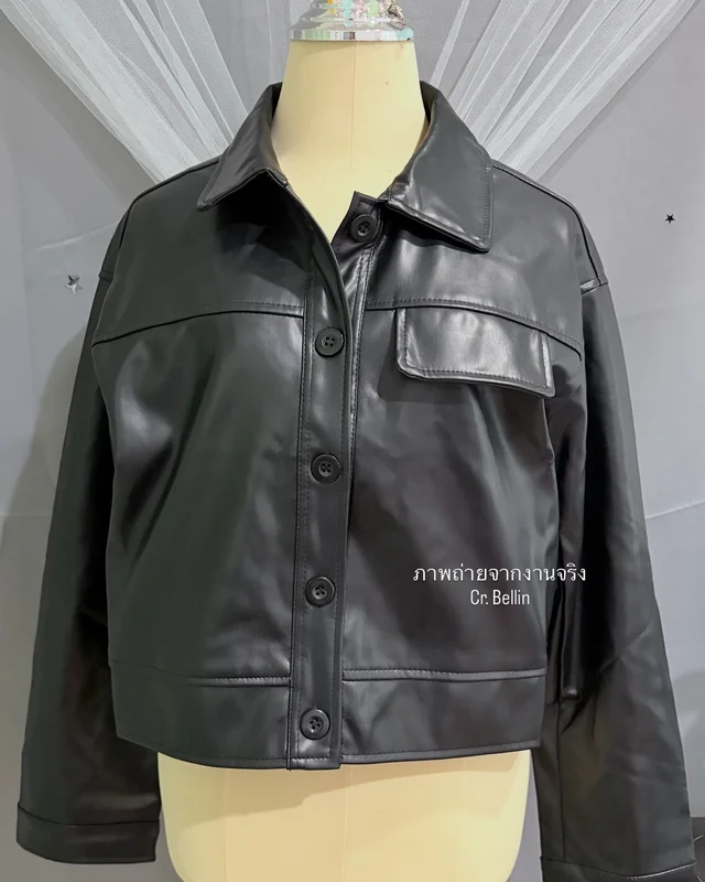 เสื้อ Jacket หนังสีดำ Cropped Faux Leather Jacket thumbnail 4