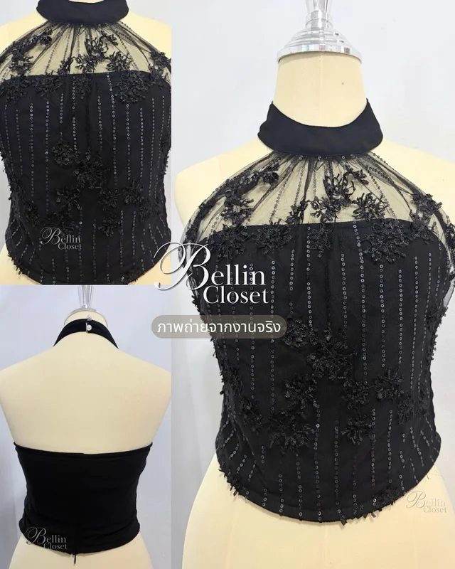 เสื้อครอปผูกคอสีดำประดับลูกไม้ Nary Studio Black Lace Halter Top (alternate)