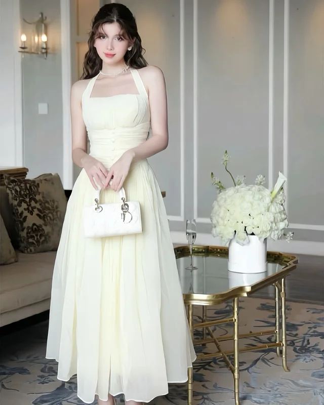 Cream Halter Midi Dress Long Elegant Style A32 thumbnail 3