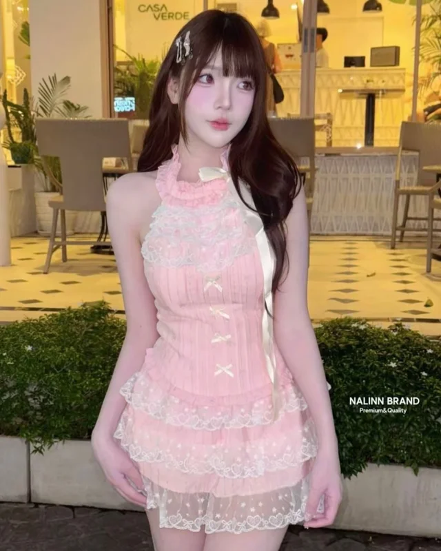 Pink Mini Dress เดรสสั้นลูกไม้สีชมพูพาสเทล Size S thumbnail 4